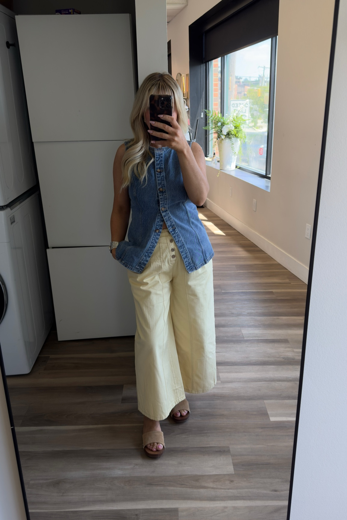 Denim button up vest ties in back size medium 
Light yellow wide leg jeans size small 
Studded slip on clogs 

#LTKMothersDay 

#LTKootd #LTKmomlife