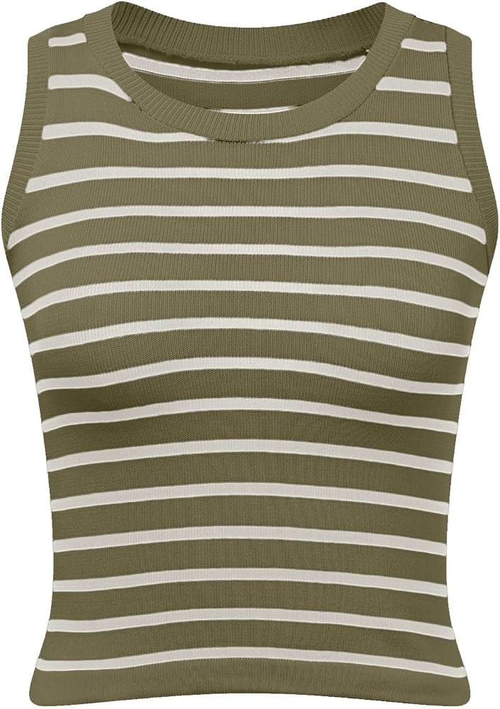 Womens Basic Tops 2024 Summer High Round Neck Striped Printed Knit Tank Tops Slim Fit Casual Slee... | Amazon (US)