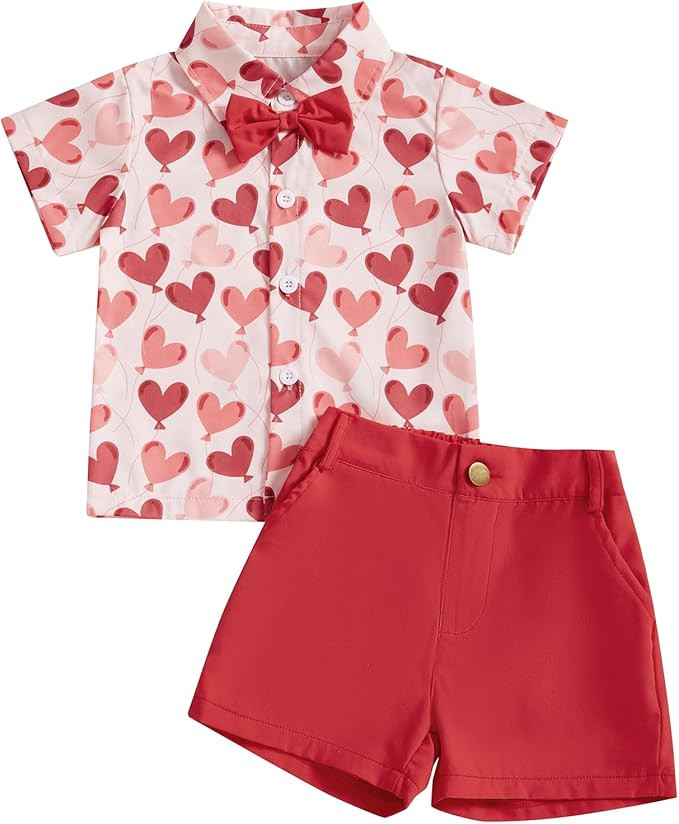 Baby Boy Valentines Day Clothes Short Sleeve Heart Print Button Down Shirt Bermuda Shorts Kids Ge... | Amazon (US)