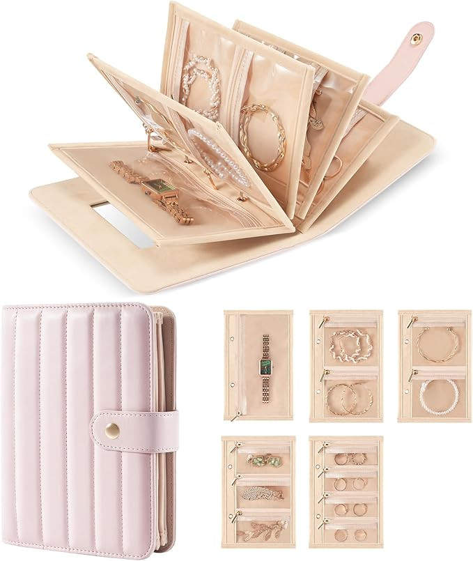 Lolalet Travel Jewelry Organizer Case, Portable Jewlery Storage Book Portfolio Binder with Zipper... | Amazon (US)