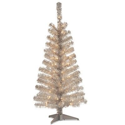 4ft National Christmas Tree Company Pre-Lit Silver Tinsel Artificial Christmas Tree with 70 Clear... | Target
