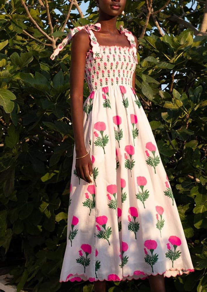 Women Boho Tie Shoulder Dress Y2k Floral Smocked Long Flowy Dresses Cute Summer Beach Spaghetti S... | Amazon (US)