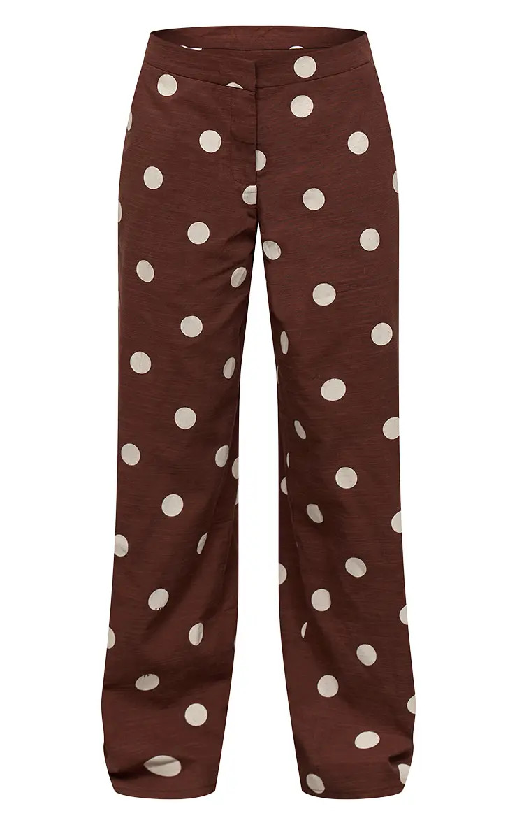 Dark Brown Polka Dot Cotton Tailored Trouser | PrettyLittleThing UK