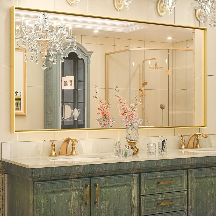 Keonjinn Brushed Gold Bathroom Mirror 60” x 30” Metal Framed Rectangular Wall Mirror Large Fa... | Amazon (US)