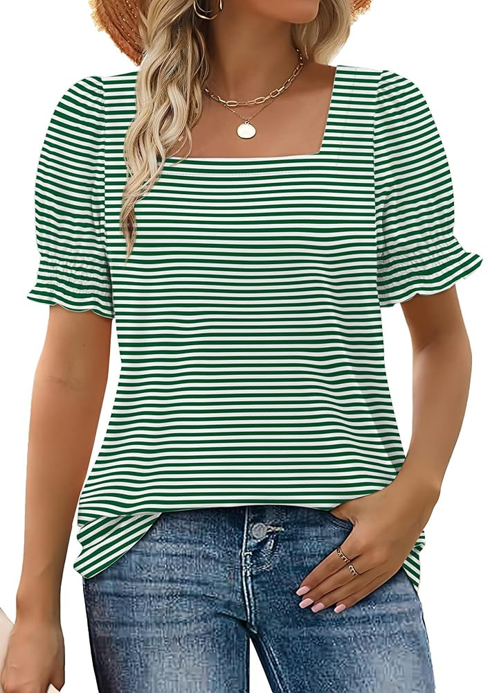 WIHOLL Tops for Women Summer Casual Ruffle Trim Sleeve Square Neck T Shirts | Amazon (US)