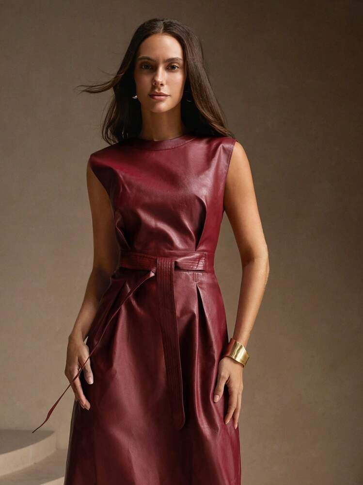 Anewsta Solid Crew Neck Sleeveless Casual Belted PU Dress Burgundy Maxi Metallic Women Outfit | SHEIN