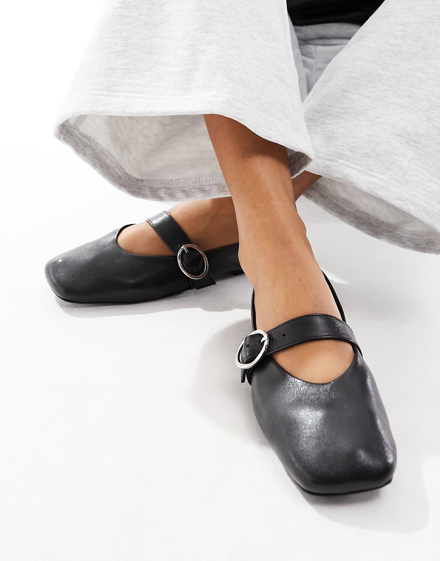 ASOS DESIGN Luxe Premium Leather Mary Jane ballet flats in black | ASOS (Global)