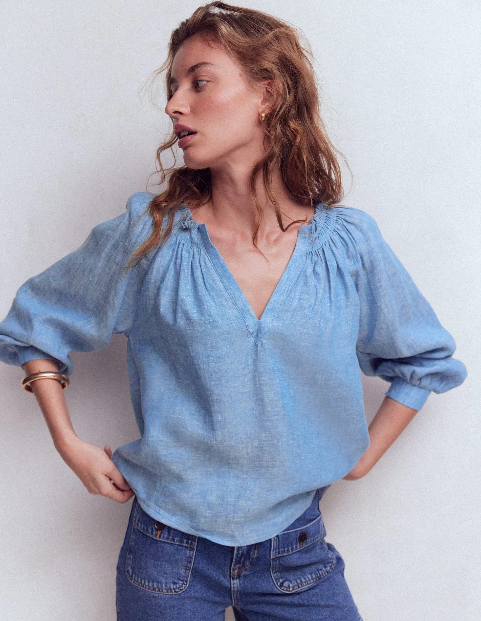 Serena Pleat Neck Linen Top-White | Boden (US)