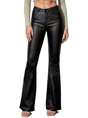 THE LOVE BRAND Women's Faux Leather Coated Flare Pants Mid Waist Black Leather Pants Black Skinny Leggings with Pockets (US, Alpha, X-Large, Regular, Regular, Black) | Amazon (US)