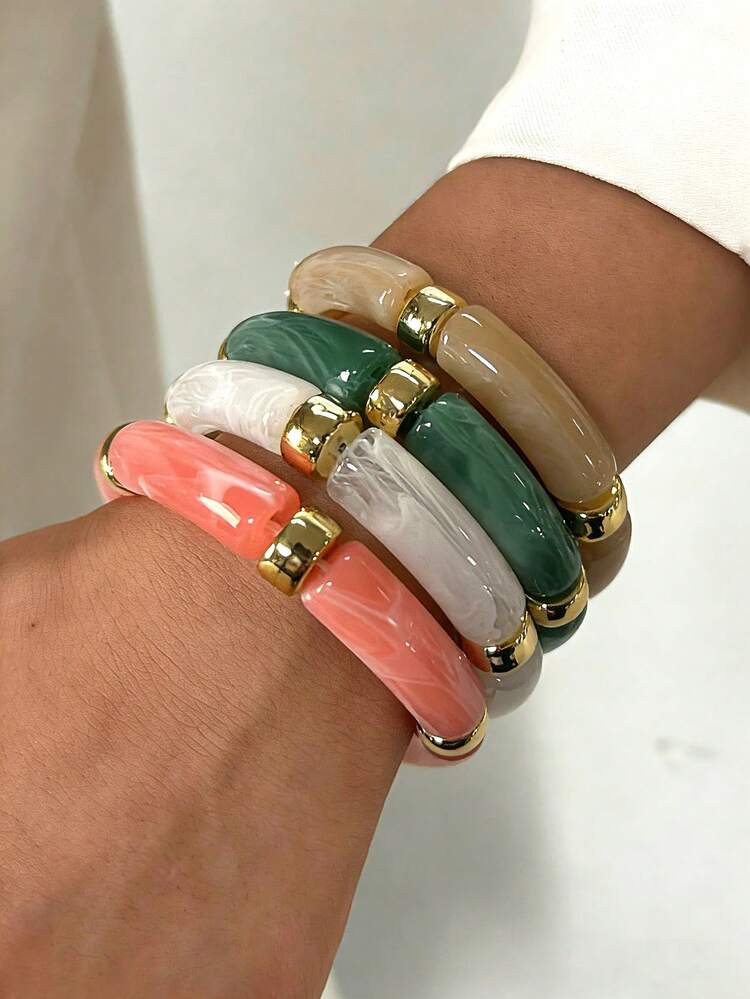 4pcs/Set Vintage Minimalist Elegant Resin & Acrylic Colorful Elastic Bracelet Set, Suitable For Women's Daily, Party, Valentine's Day, Dating, Holiday Gift, Stackable, 2026 New Arrival | SHEIN