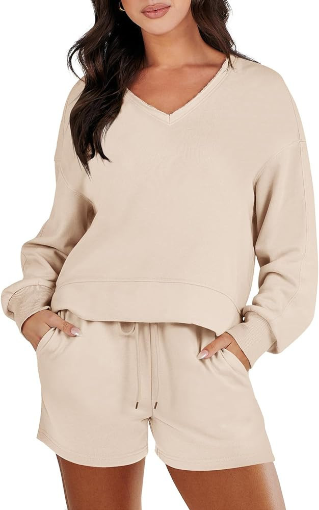 Caracilia Women's 2 Piece Outfits Long Sleeve V Neck Cropped Tops and Shorts Matching Lounge Sets... | Amazon (US)