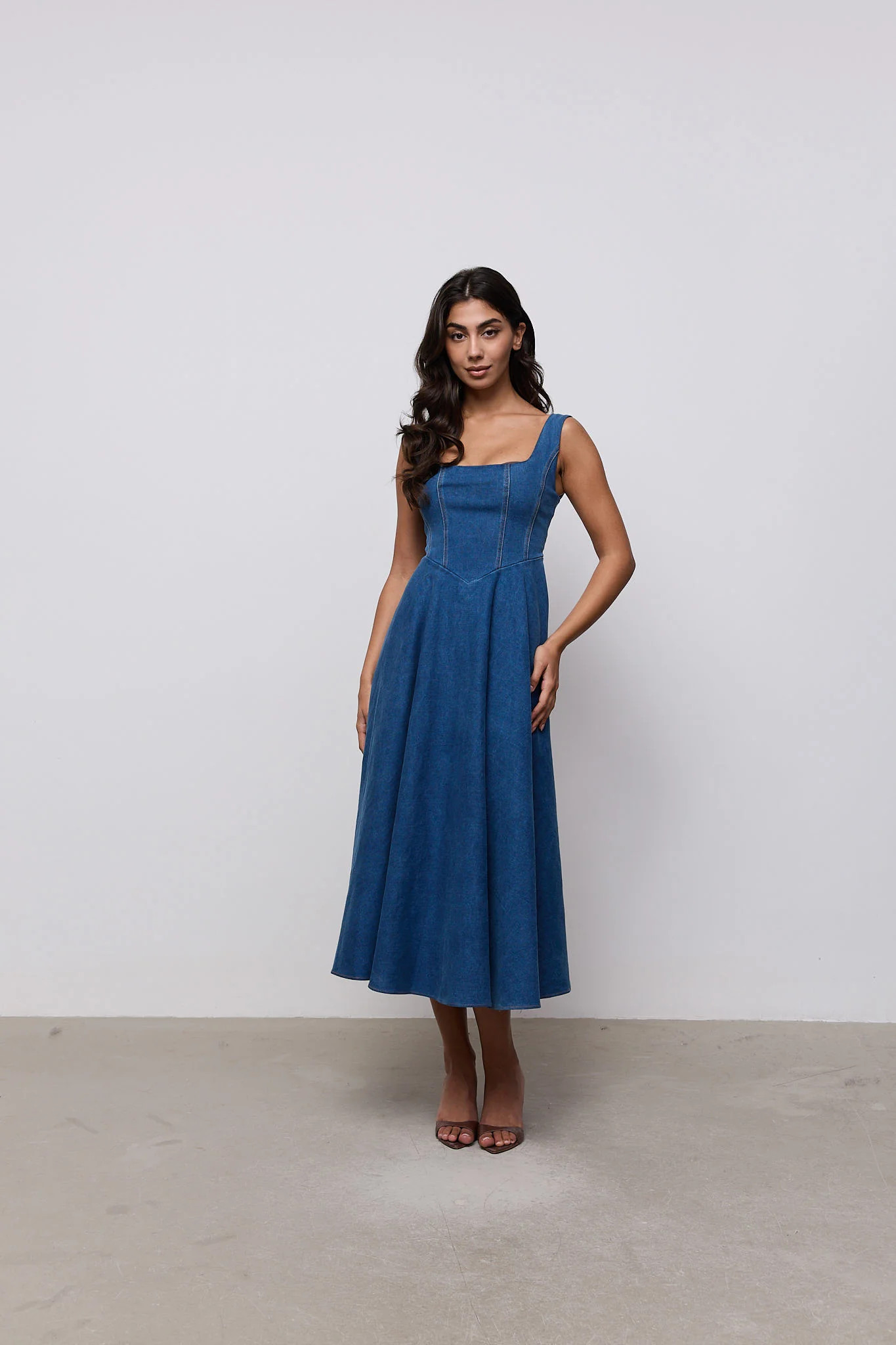 Cotton Mix Denim Square Neck Midi Dress | Odd Muse