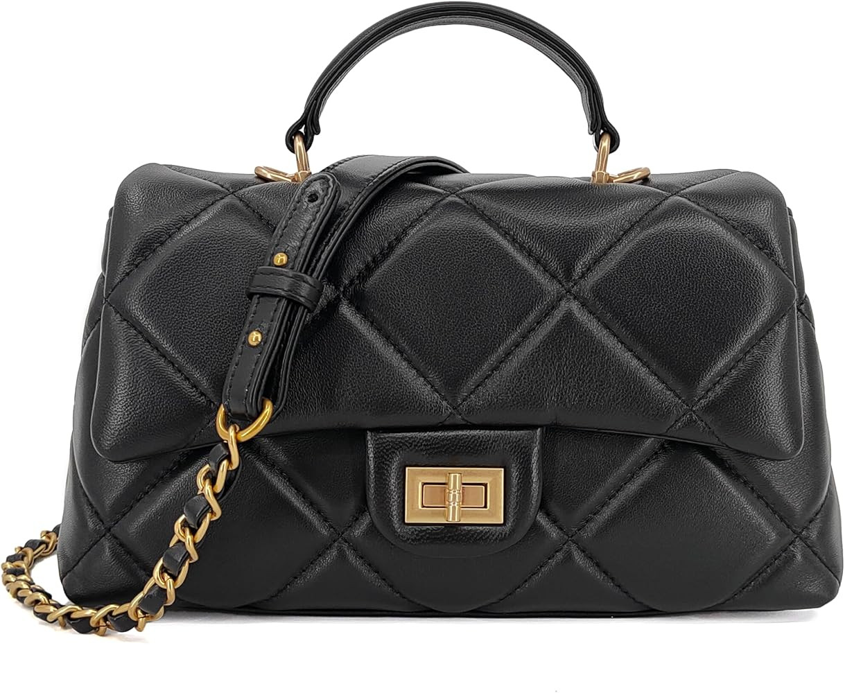 Quilted Leather Crossbody Bags for Women w/Detachable Gold Chain Strap, Designer Small Top Handle... | Amazon (US)