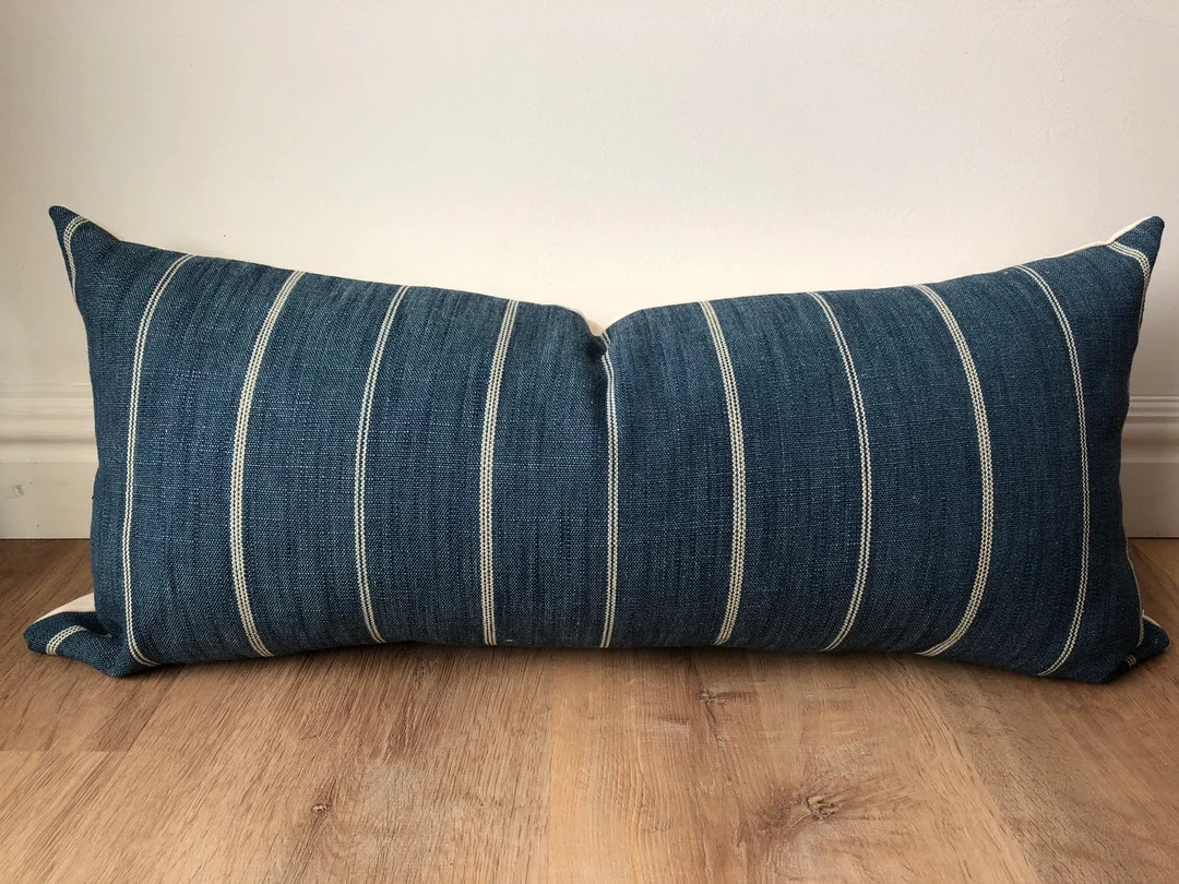 Designer fabric striped modern pillow cover denim blue beige  lodge cabin throw extra long lumbar... | Etsy (US)