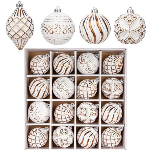 16PCS Shatterproof Christmas Ball Ornaments Set, Hand-Painted Holiday Decor with Assorted Sizes & Designs for Christmas Tree Thanksgiving Party Decoration, Bronze-White | Amazon (US)