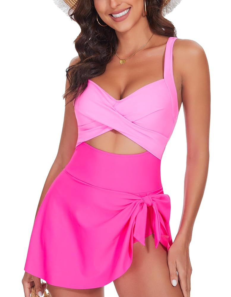 One Piece Swimsuit Women Tummy Control Swim Dress Sexy Criss Cross Tie Back Bathing Suit | Amazon (US)