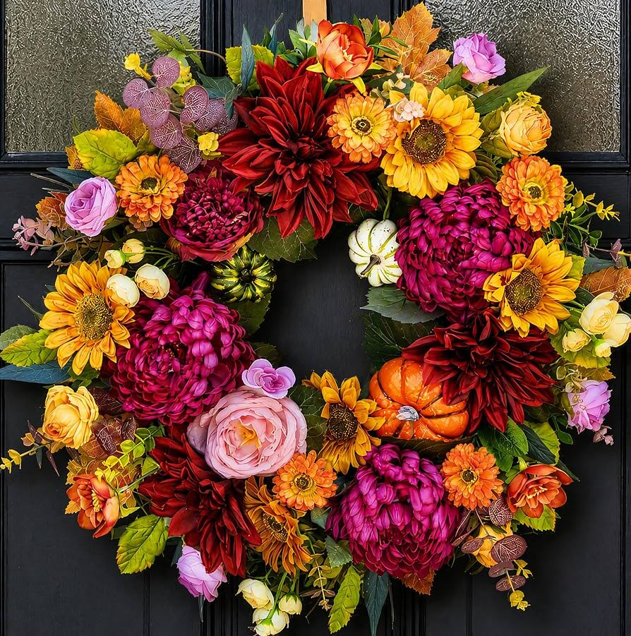 24 Inch Fall Wreath for Front Door, Artificial Harvest Fall Wreath | Amazon (US)