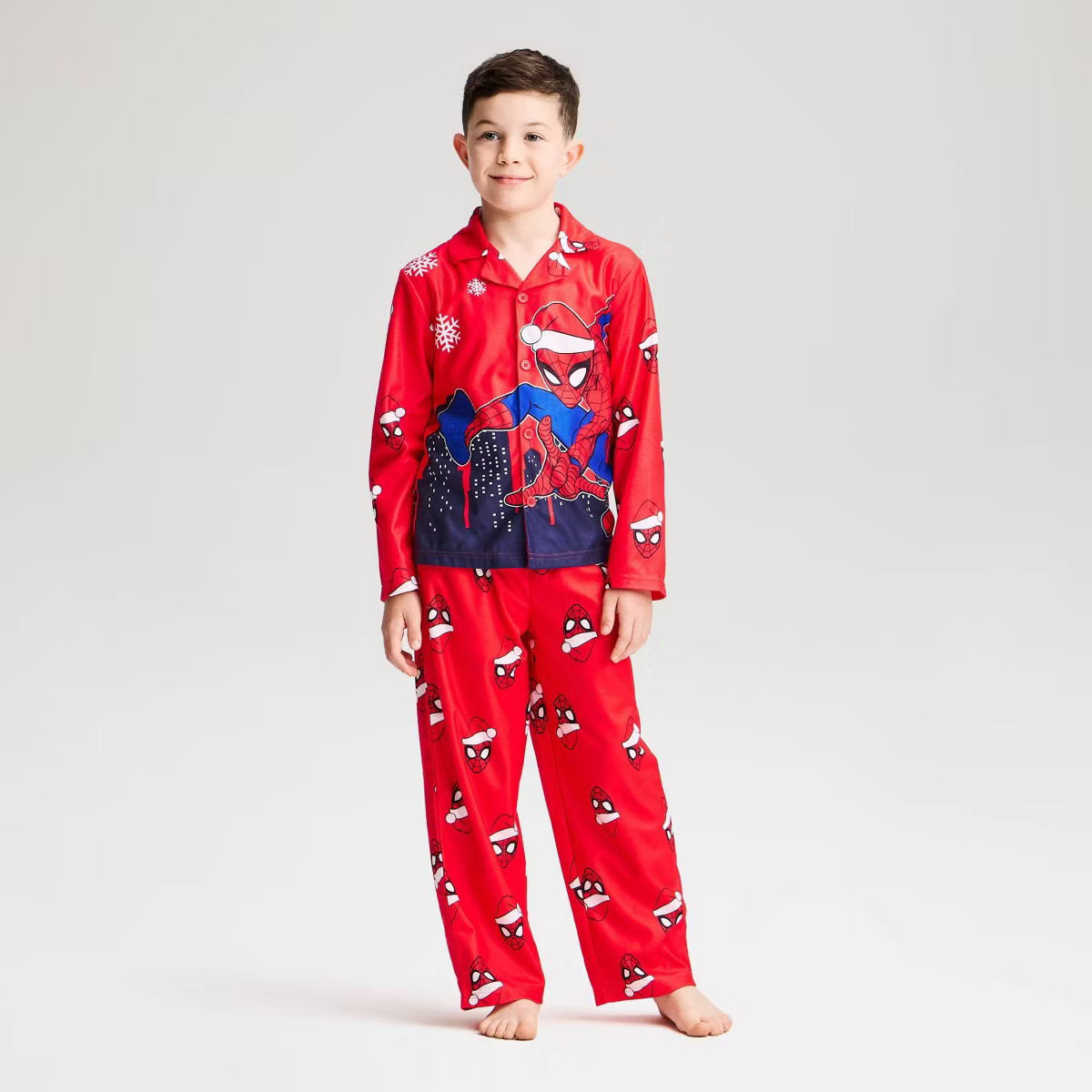 Boys' Spider-Man Holiday Button-Down 2pc Pajama Set - Red S | Target