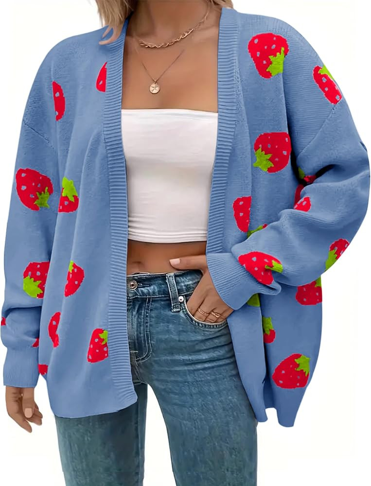 Women's Plus Size Strawberry Floral Print Long Sleeve Open Front Knit Cardigan Sweater | Amazon (US)