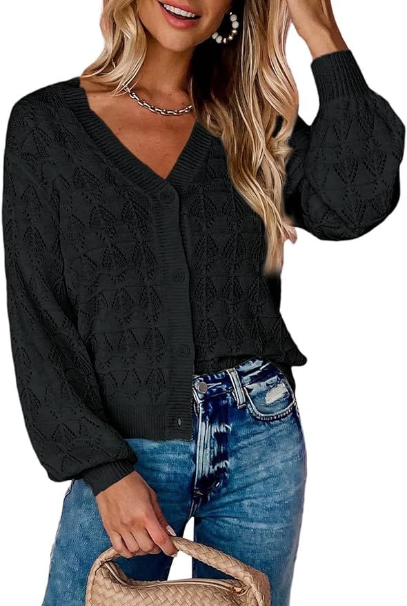 Dokotoo Cropped Cardigan Sweaters for Women Long Sleeve Crochet Knit Shrug Open Front V-Neck Butt... | Amazon (US)