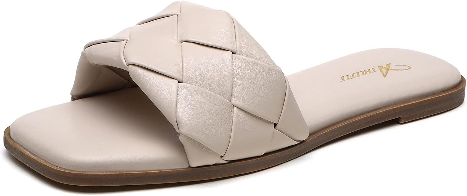 Athlefit Women's Braided Flat Sandals Square Open Toe Woven Slip On Slide Sandals | Amazon (US)