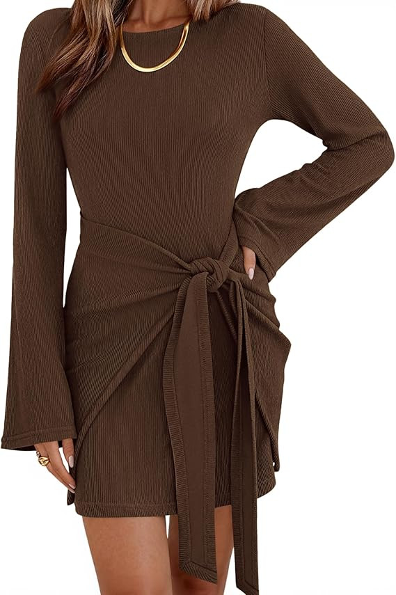 dowerme Women's Casual Mini Dress 2026 Bell Long Sleeve Boat Neck Tie Waist Bodycon Dresses Knitt... | Amazon (US)