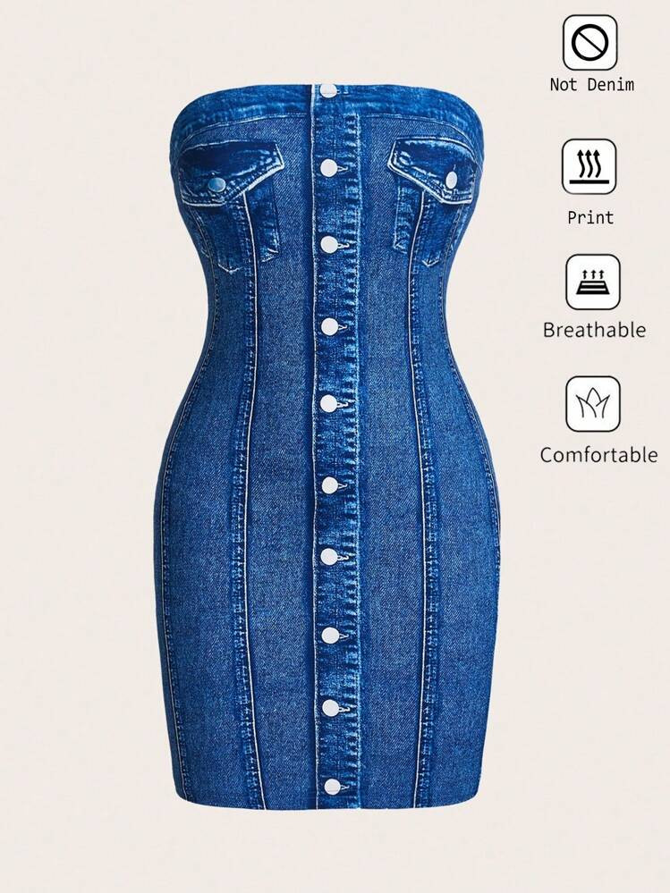 SHEIN Essnce Ladies' Solid Color Simple Casual Strapless Dress Strapless Kpop Summer Slim Fit Bodycon Dress Mini Dress Denim Effect Dress Going Out Dress For Concert Women Outfit Summer Women Dresses,Knitted Fabric Printed | SHEIN