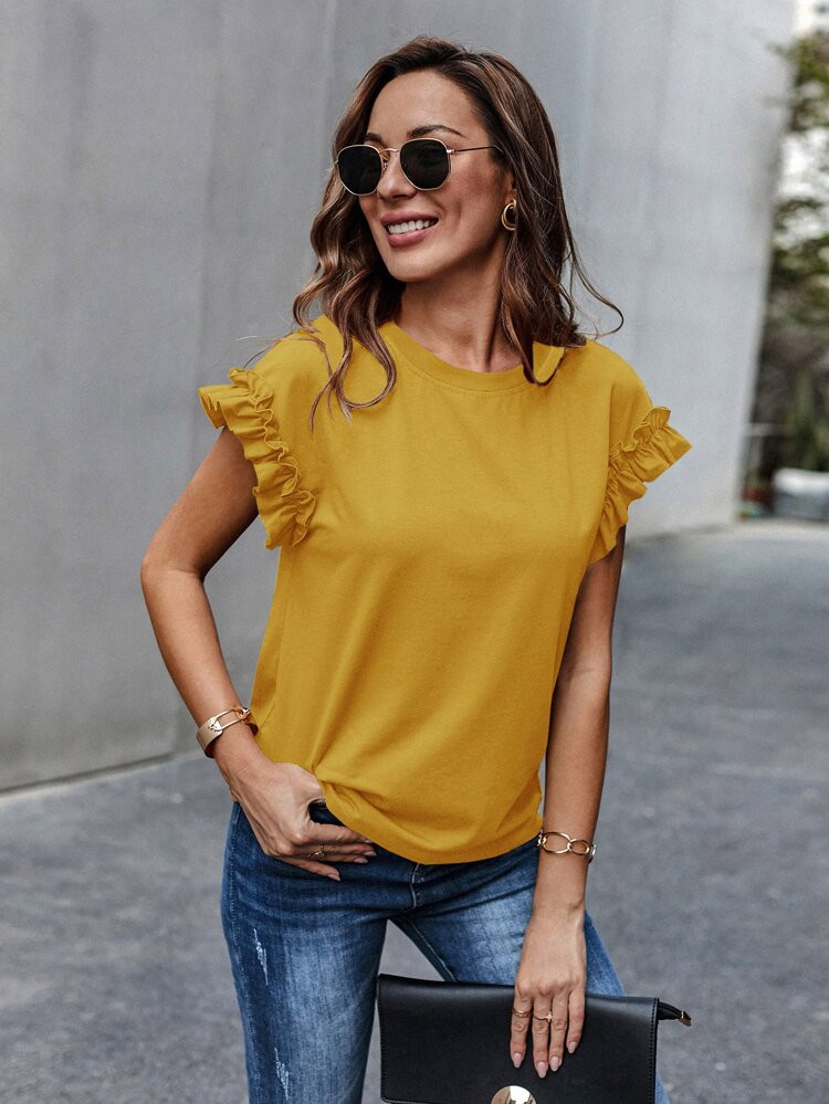 Ruffle Cuff Solid Tee | SHEIN