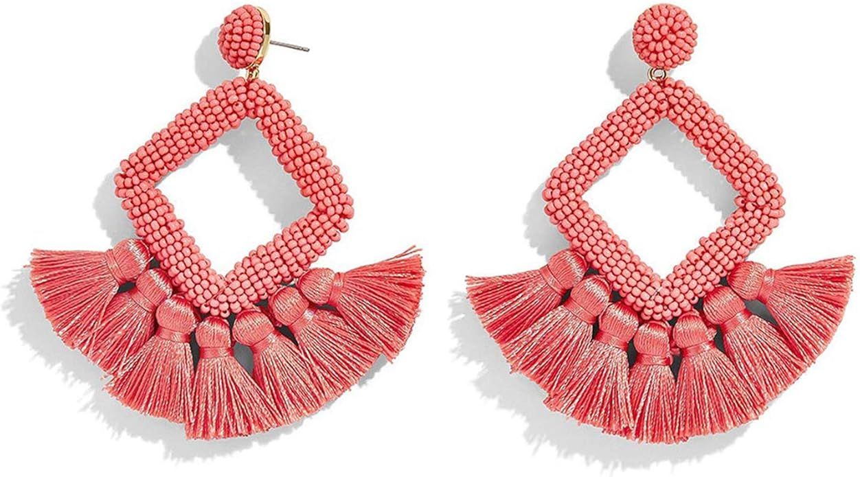 Jornarshar Hoop Round Tassel Earrings for Women Handmade Bohemia Beaded Fringe Dangle Earrings, I... | Amazon (US)