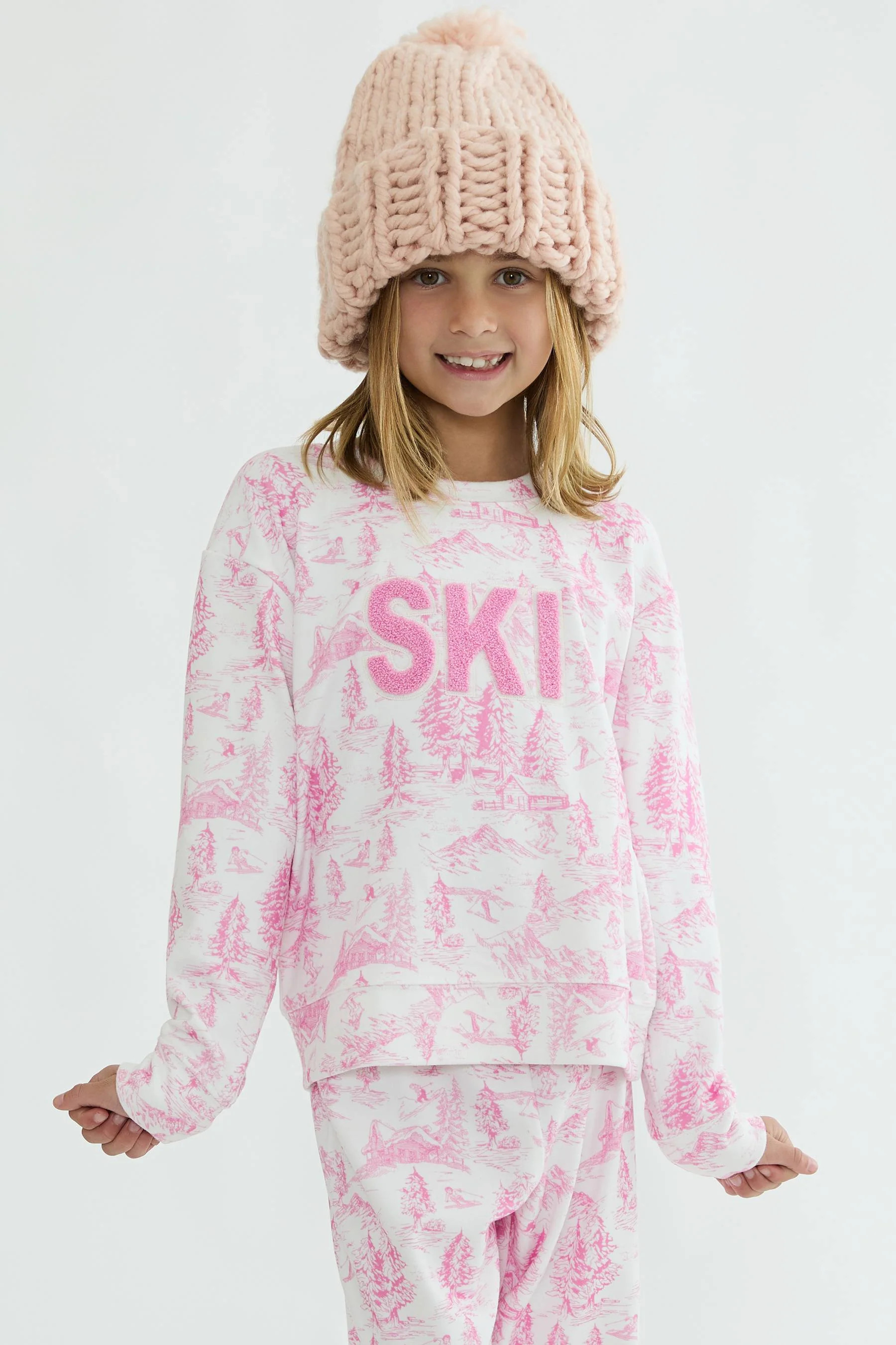 Little Cassia Top Powder Pink Toile | Girls Ski Alps Print Sweatshirt | Beach Riot | Beach Riot