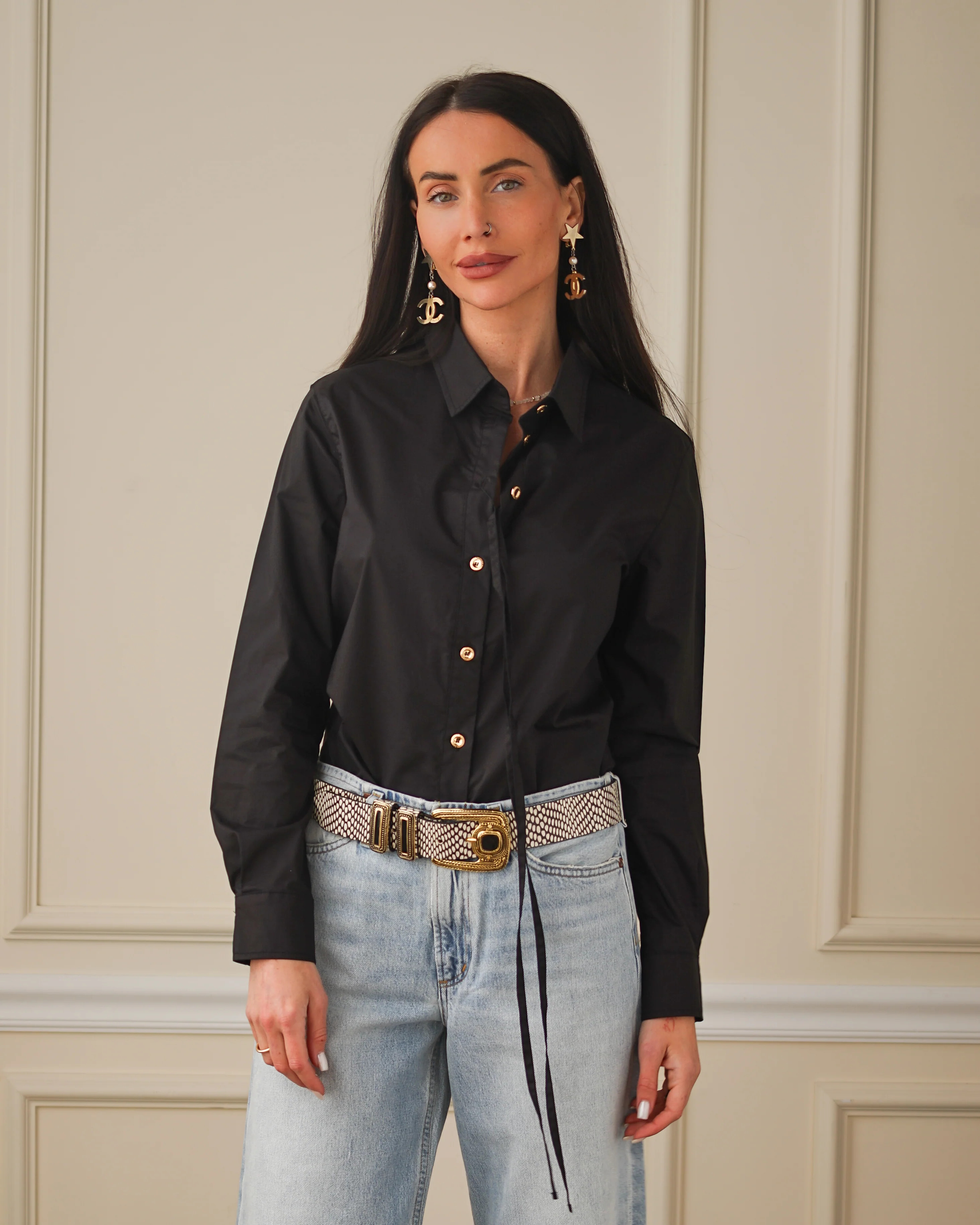 Women's Black Poplin Blouse - Bow Detail | Care Tucker