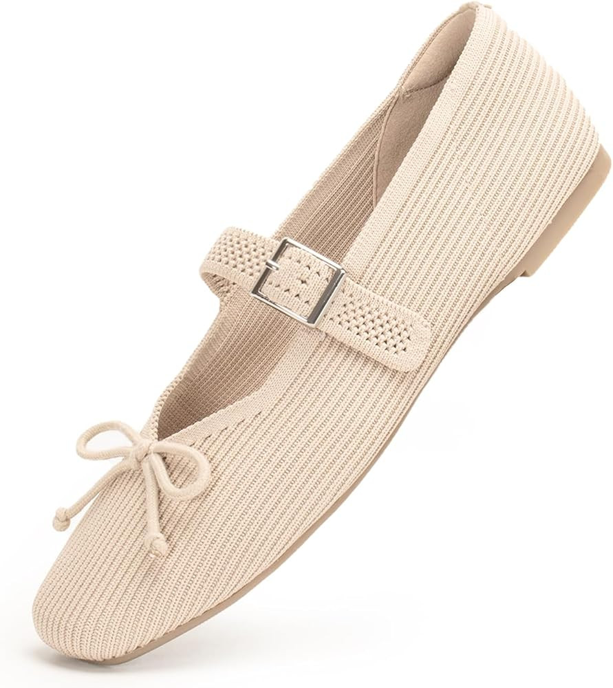 Women's Square Toe Flats Bowknot Mary Jane Ballet Flats Washable Knit Shoes with Adjustable Strap... | Amazon (US)