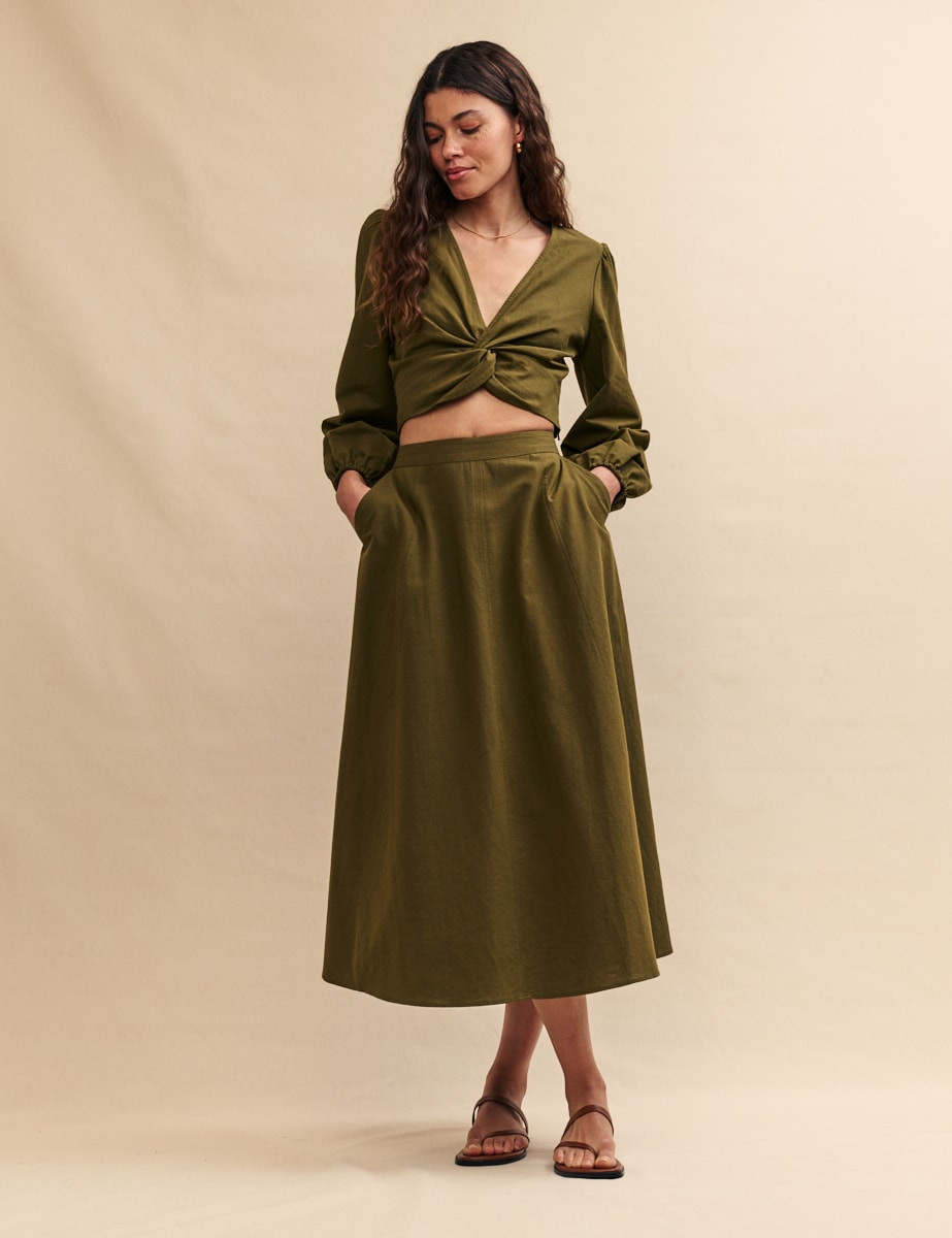 Khaki Linen-blend A Line Midi Skirt | Nobody's Child