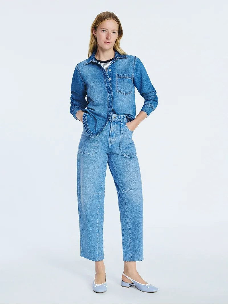 Free Assembly Women's Button Up Denim Shirt with Long Sleeves, Sizes XS-XXL | Walmart (US)