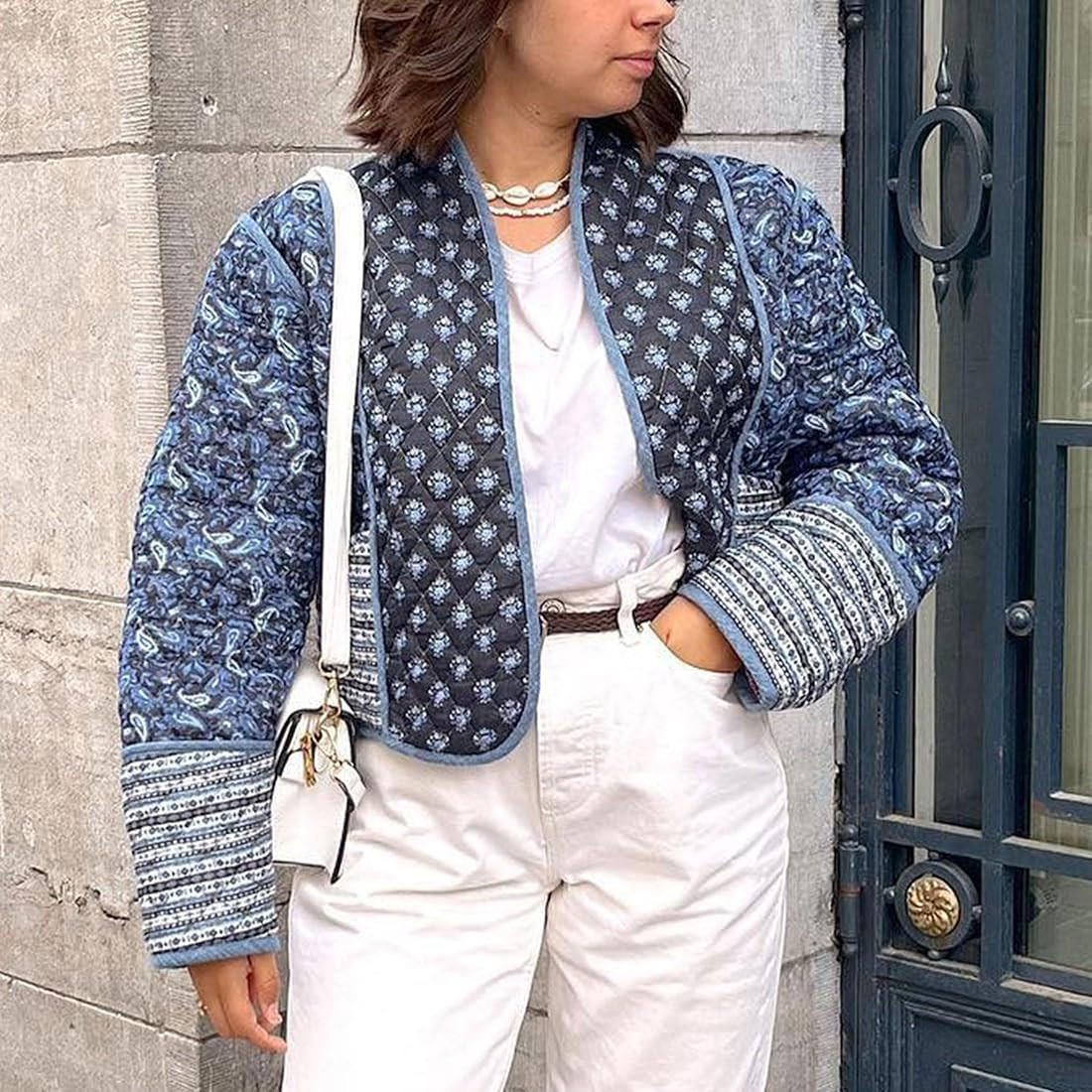 Women's Cropped Puffer Jacket Cardigan Floral Printed Lightweight Open Front Short Padded Quilted Co | Amazon (US)