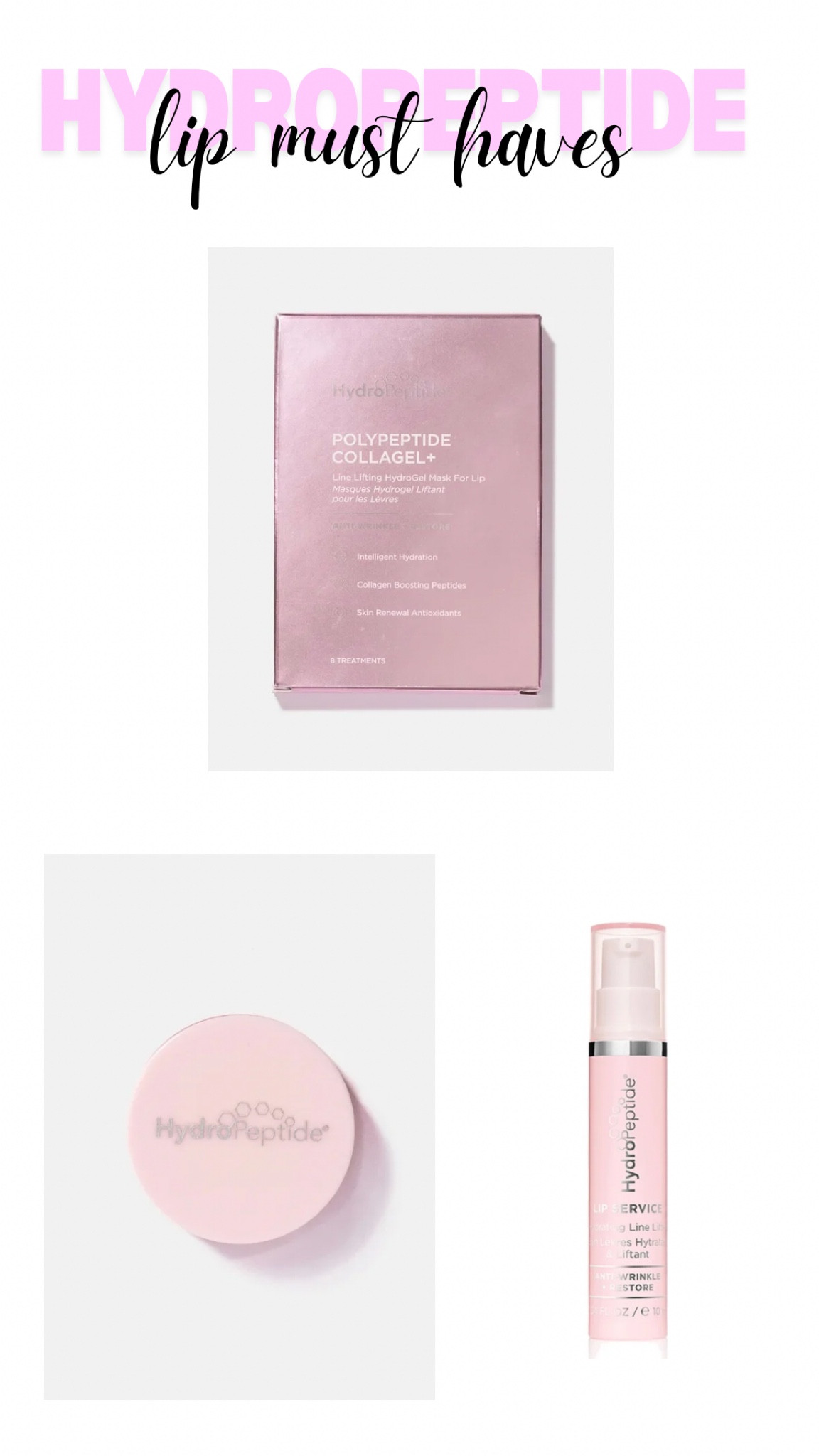 LOVE these for my lips!! I literally use these three products as my daily nighttime skin care routine and my lips have never been more moisturized, soft and more plump 😉💋

1) Polypeptide collagel + lip mask 
-visible plumping 
-soft flake-free lips 

2) Lip lock hydrator 
-soft hydrating lips 
-long lasting moisture 

3)Anti-wrinkle & Restore 
-nourishes and hydrates lips hyaluronic acid 
-plumps lips overtime 
-antioxidant protection and nourishes with green tea and fig extracts 

#hydropeptide #dermstore #beauty #skincareroutine #skin #skincare #cleanskin 

#LTKBeauty #LTKU