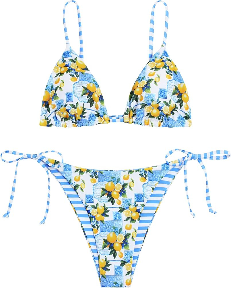 ZAFUL Women's Triangle Bikini Floral String Bikini Set Two Piece Swimsuit Bathing Suits | Amazon (US)