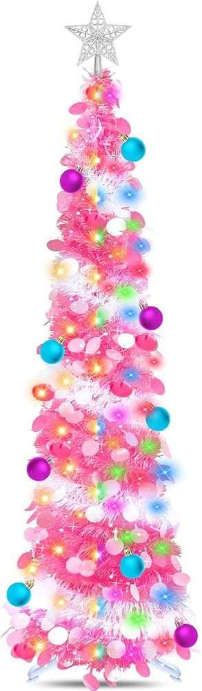 Dual Color Change Lights & Timer - 5 Ft Tinsel Christmas Tree Ball Ornaments Star Pop up Christma... | Amazon (US)