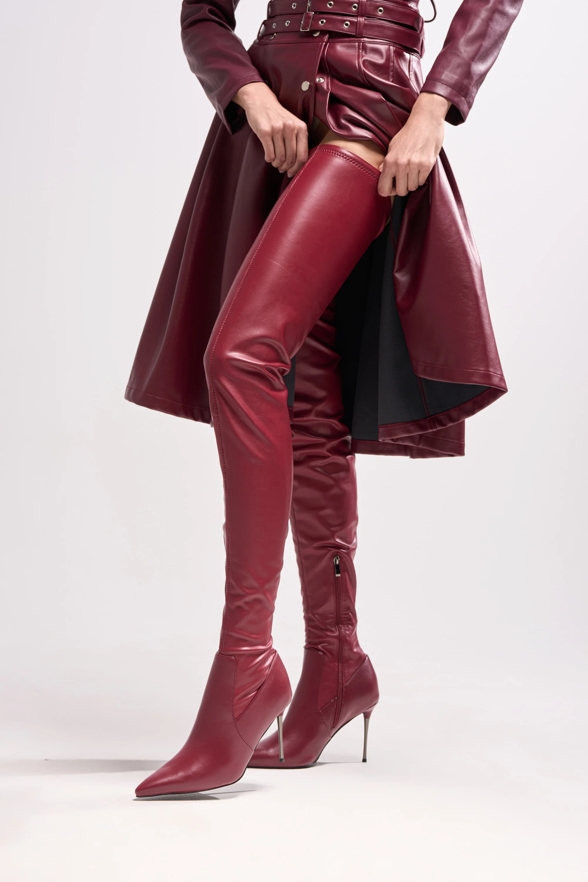 AZALEA WANG MILANDRA BURGUNDY STRETCH PU THIGH HIGH BOOT | AKIRA