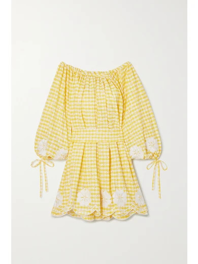 Innika Choo - Frida Burds Off-the-shoulder Checked Broderie Anglaise Cotton Mini Dress - Yellow | NET-A-PORTER (US)