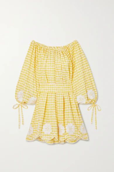 Innika Choo - Frida Burds Off-the-shoulder Checked Broderie Anglaise Cotton Mini Dress - Yellow | NET-A-PORTER (US)