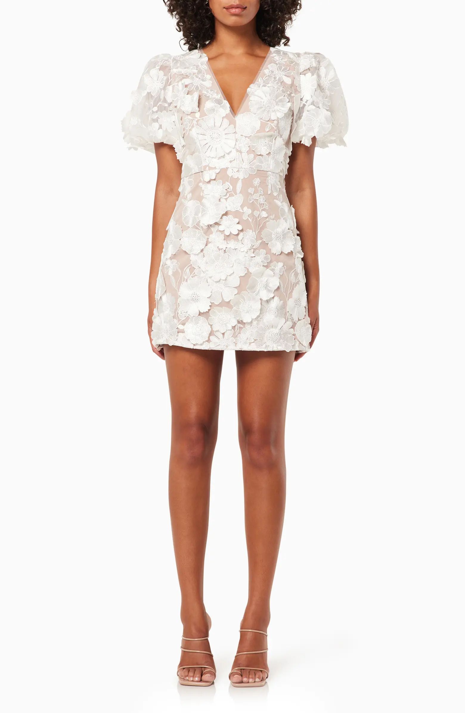 Rosalind Floral Embroidered Puff Sleeve Cocktail Minidress | Nordstrom