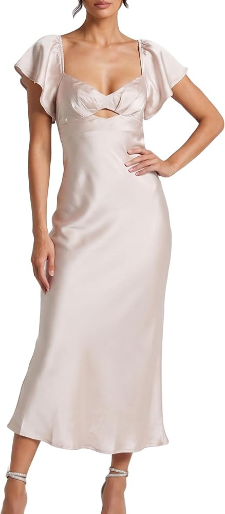 Summer Satin Flutter Sleeve Wedding Guest Dresses for Women Sweetheart Neckline Cutout Tie Back M... | Amazon (US)