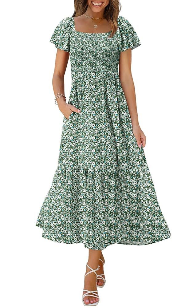 OFEEFAN Summer Dresses for Women Square Neck Ruffle Sleeve Smocked Maxi Dress with Pockets | Amazon (US)