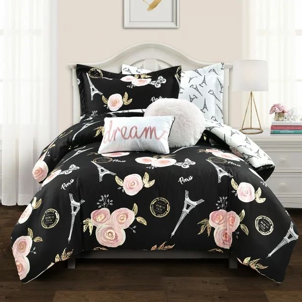 Lush Decor Vintage Paris Rose Butterfly Script Floral Polyester Reversible Comforter, Twin/Twin-X... | Walmart (US)