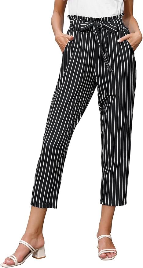 GRACE KARIN Women Ruffled High Waist Casual Pants Cropped Striped Pants | Amazon (US)