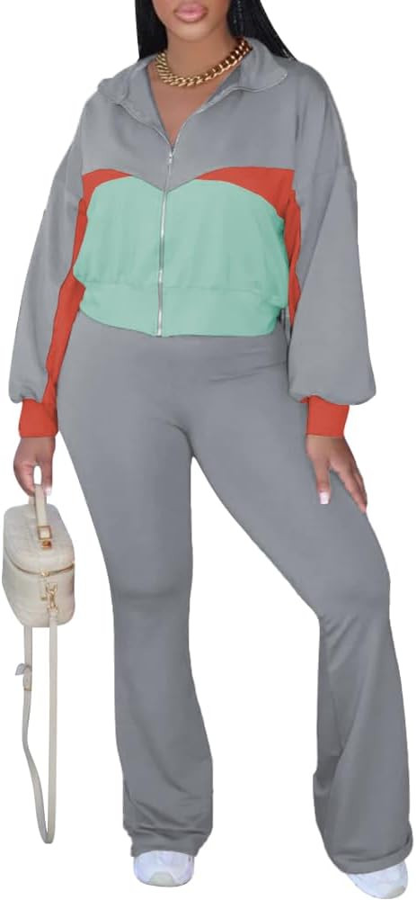 HBQ Women's Color Block 2 Piece Tracksuit Sets Long Sleeve Zip Up Crop Jacket and Flare Pants Cas... | Amazon (US)
