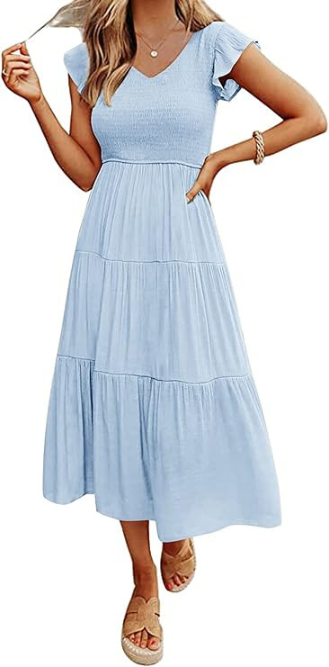 MEROKEETY Women's Summer 2026 Casual Midi Dress Flutter Sleeve V Neck Smocked Tiered Beach Vacati... | Amazon (US)