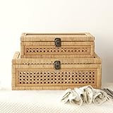 Handwoven Boho Rattan Display Boxes with Glass Lids - Set of 2 Rectangular Decorative Storage Bin... | Amazon (US)