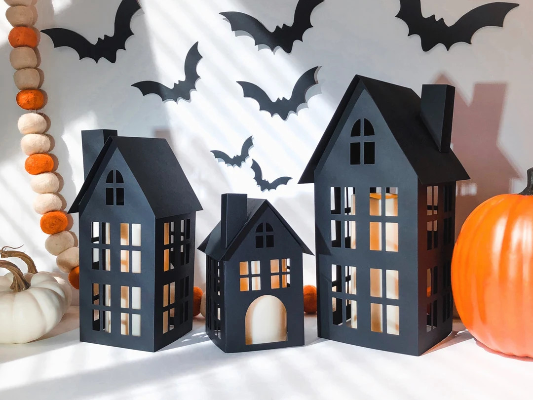 DIY Paper Halloween Tealight Village With Bats, Mantel Decoration Set, Halloween Haunted House Se... | Etsy (US)